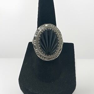 Vintage Whiting Davis Ring Carved Glass Art Deco Sunburst Silver Tone Cocktail